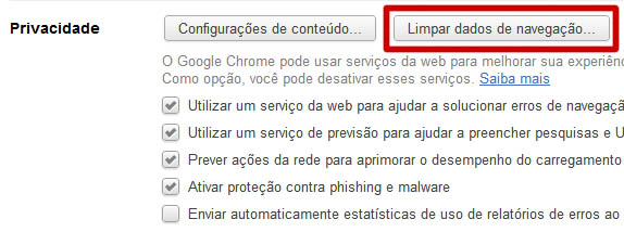 Chrome - limpa dados de navegação