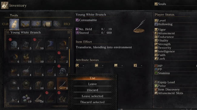 Inventory spells screen showing White Branch spell