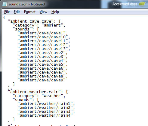 Sounds.json - Notepad View