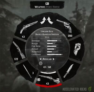 Weapon wheel showing gun stats